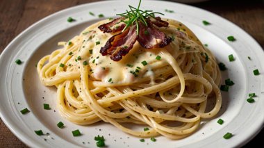 Spaghetti Carbonara with smoky bacon pieces, creamy egg-based sauce, cracked black pepper, and a garnish of chives on a white ceramic plate. clipart