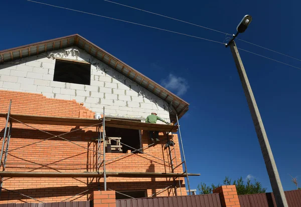 Maison Construction Avec Briquetage Face Briques Sur Mur Blocs Béton — Photo