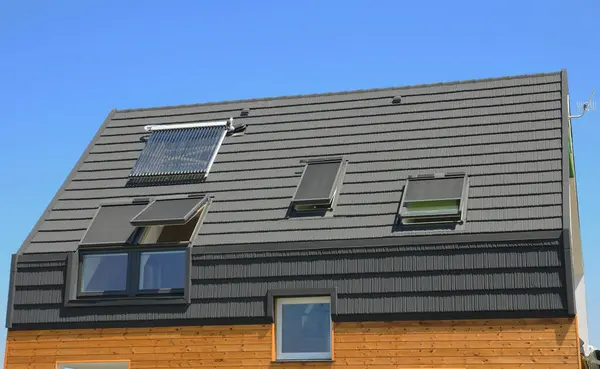 House rooftop solar water heating (SWH) is heating water by sunlight, using a solar thermal collector. Attic skylights windows with retractable skylight awnings for sunshade and energy efficiency.