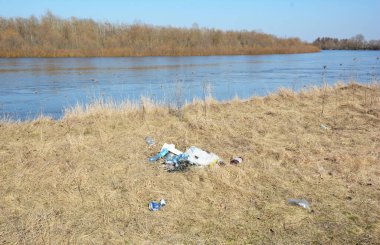Nehir kıyısında plastik kirliliği. Plastik kirliliği.
