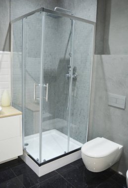 Zemini siyah mermer döşemeli modern banyo, tuvalet ve cam duvarlı duş kabini..