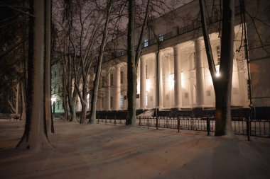 Güzel sanat fotoğrafçılığı. Nizhyn Gogol Devlet Üniversitesi - Nizhyn, Ukrayna Güzel kış gecelerinde fenerlerin ışığında, karla kaplı.