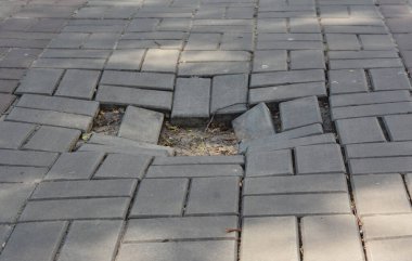 Asfalt yoldaki delik. Kötü kaldırım sorunu.