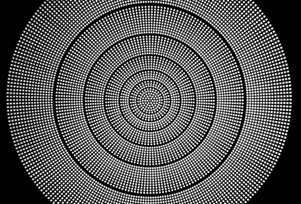 Optik etkiler yaratan dairesel geometrik çizim. Fayanslı karelerle dolu birkaç eş merkezli daire. Siyah ve beyaz