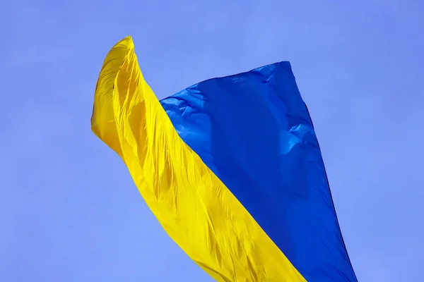 Agitant Dans Vent Drapeau National Ukraine Contre Ciel Bleu — Photo
