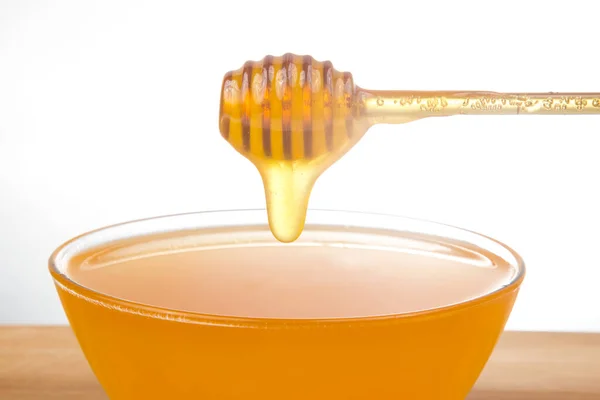 Miel Fresca Perfumada Gotea Cuchara Plato Nutrición Vitaminas Orgánicas Comida —  Fotos de Stock