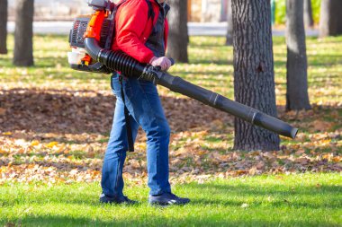 Parkta çalışmak yaprakları üfleyiciyle temizler. Park temizleme servisi. Sonbaharda düşen yaprakları kaldırmak.