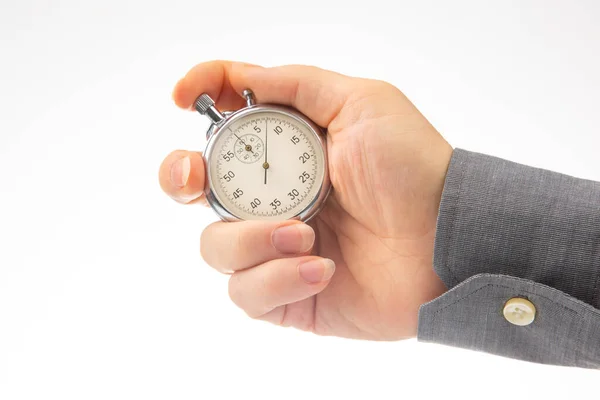 Hand Mechanical Analog Stopwatch White Background Time Part Precision Measurement — Fotografia de Stock