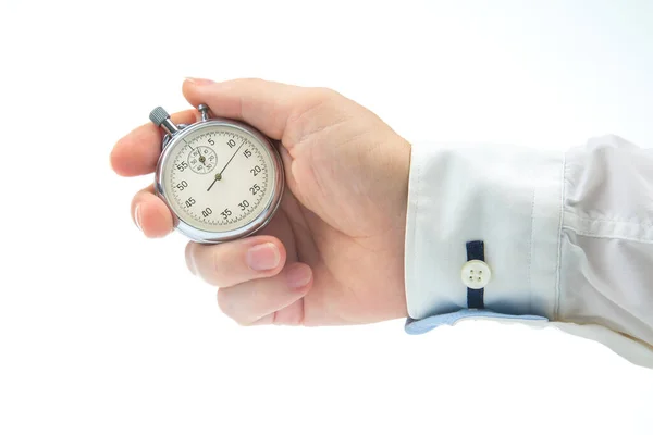 Χέρι Μηχανικό Αναλογικό Χρονόμετρο Λευκό Φόντο Ακρίβεια Χρόνου Μέτρηση Του — Φωτογραφία Αρχείου