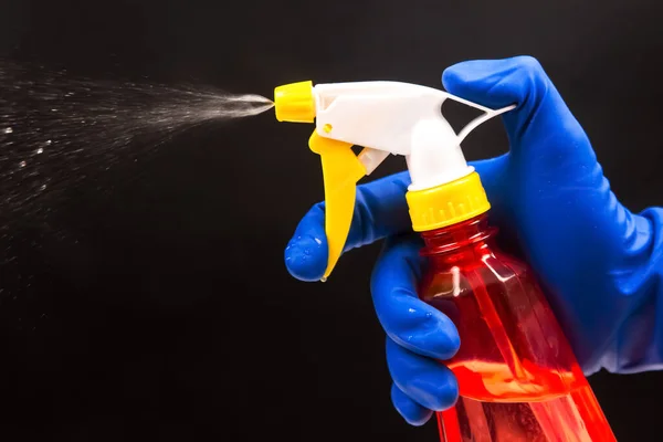 Water Sprayer Bottle Hand Gloves Dark Background Liquid Spray Household — Stock Photo, Image