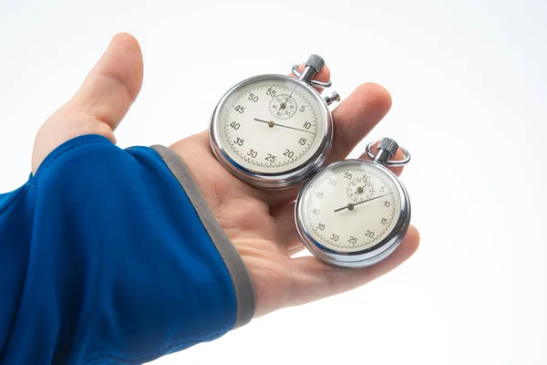 Hand Mechanical Stopwatch White Background Time Part Precision Measurement Speed — Stock fotografie