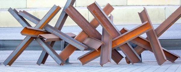 stock image anti-tank barriers on a city street in Ukraine