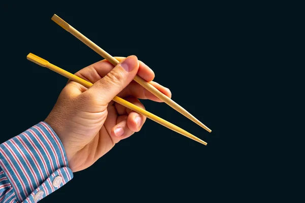 Bamboo Chopsticks Male Hand Dark Background Items Food — Stockfoto