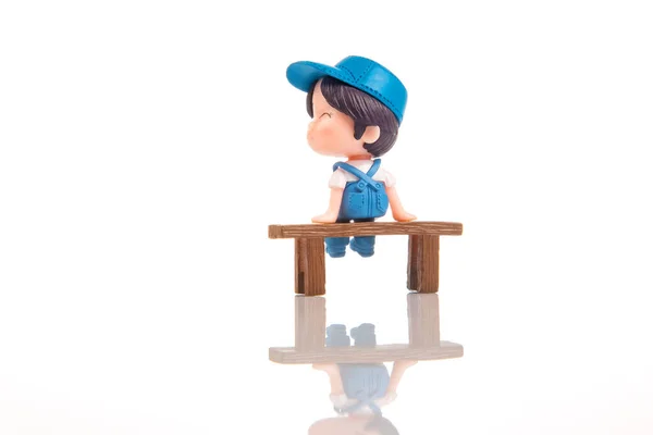 Miniature People Figures Game Cute Boy Sitting Bench — Foto de Stock