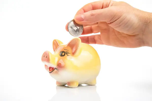 Hand Puts Coin Ceramic Piggy Bank Form Pig Accumulation Finances — Stock Photo, Image