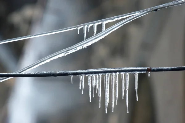 Eiszapfen Drähten Der Nähe Von Straßenhäusern Winterzeit Natur — Stockfoto
