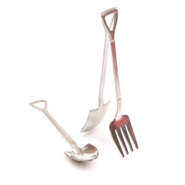 decorative fork and spoons in the form of spades on a white background. food tools.