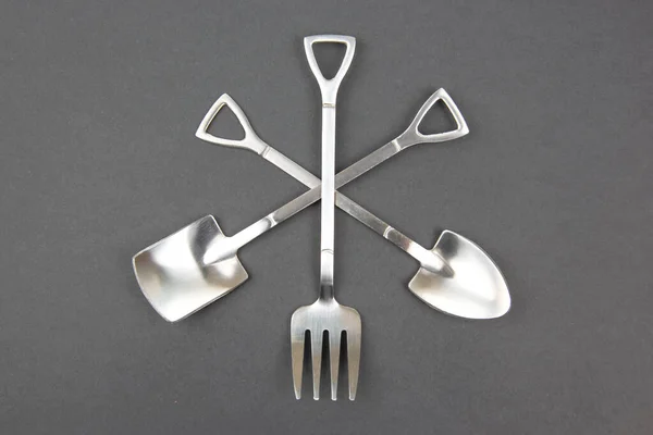 Decorative Fork Spoons Form Spades Gray Background Food Tools — Stok fotoğraf