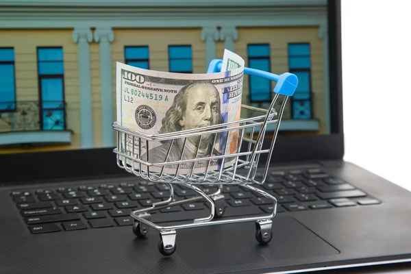 Model of a grocery cart with dollar money on the background of a laptop. Online business sale. Financial business success.