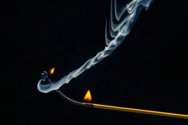 Flashed Burning Wooden Match Dark Background Close Bright Fire Smoke — Stock Photo, Image