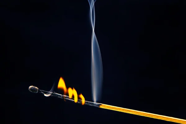 Flashed Burning Wooden Match Dark Background Close Bright Fire Smoke — Stock Photo, Image