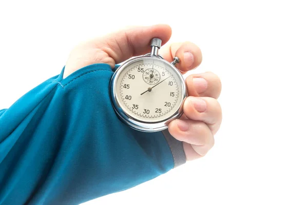 Hand Mechanical Analog Stopwatch White Background Time Part Precision Measurement — Foto de Stock