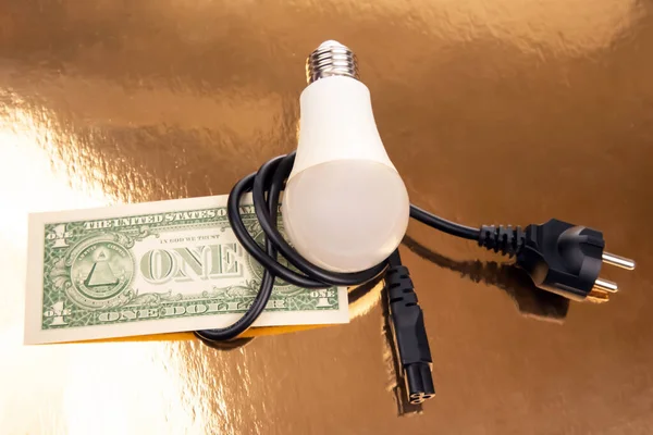 Dollars, LED lamp and electric cable plug. Saving electricity. Energy saving concept