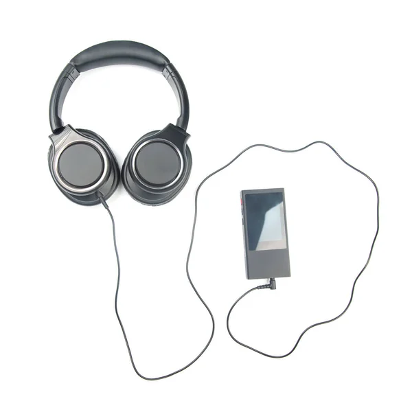 Kopfhörer Zum Musikhören Mit Digitalem Audioplayer Auf Weißem Hintergrund — Stockfoto