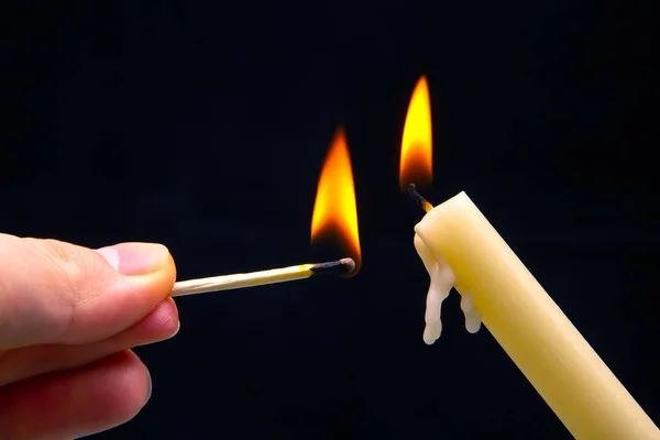 Lighting Candle Wooden Match Dark Background Burning Candle Fire — Stock Photo, Image