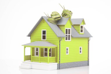 Beyaz arka planda bir ev modelinin çatısındaki salyangoz. Ev konforu ve evdeki hayat.
