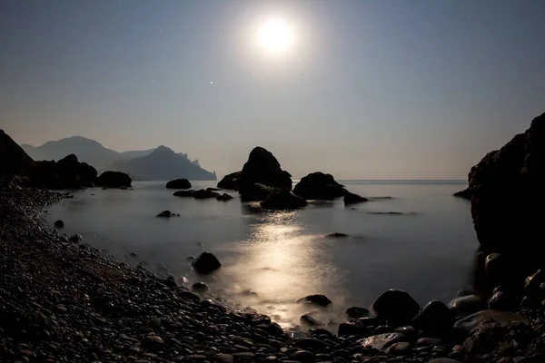 Full Moon Shines Space Stone Seashore Landscape Nature Stock Photo