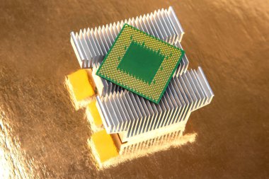Bilgisayar için çip ve ısıtıcı. Bilgisayar teknolojisinin elektronik bileşeni. bilgisayar endüstrisi