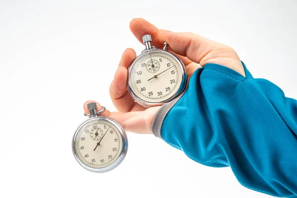 Hand Mechanical Analog Stopwatch White Background Time Part Precision Measurement — Stockfoto