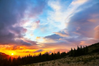 Akşam gökyüzünde parlak renkli bulutlar. Gün batımından önce gökyüzünde yemyeşil bulutlar