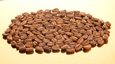 Kavrulmuş kahve çekirdekleri parlak altın bir zemin üzerinde oval bir yapı oluşturarak koyu kahverengi renklerini ve pürüzsüz dokularını ön plana çıkarırlar. Yiyecek ve içecek imgeleri için ideal..