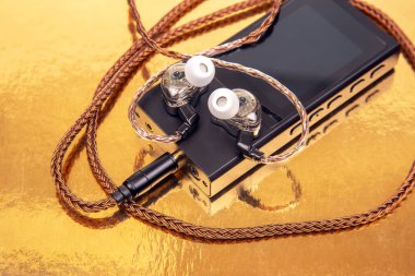 Örgülü kablosu olan bir çift kablo, altın arka planda duran siyah bir ses cihazının üzerinde duruyor. Teknoloji, müzik ve ses teması için mükemmel. Yüksek çözünürlüklü fotoğraf.