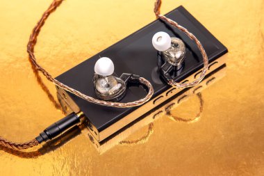 Örgülü kablosu olan bir çift kablo, altın arka planda duran siyah bir ses cihazının üzerinde duruyor. Teknoloji, müzik ve ses teması için mükemmel. Yüksek çözünürlüklü fotoğraf.