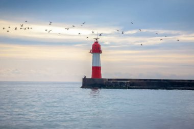 İskelede kırmızı ve beyaz bir deniz feneri olan sakin bir sahil sahnesi, bir balıkçı oltasını atıyor, ve şafak vakti yumuşak bir pastel gökyüzünün altında sakin bir deniz..