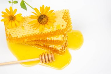 Taze çiçek taraklı bal ve tahta kaşık. Yaşam ve sağlık için vitamin gıdası