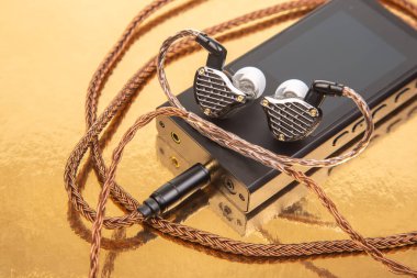 Örgülü kablosu olan bir çift kablo, altın arka planda duran siyah bir ses cihazının üzerinde duruyor. Teknoloji, müzik ve ses teması için mükemmel. Yüksek çözünürlüklü fotoğraf.