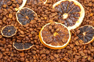 Kurutulmuş portakal dilimlerinin kavrulmuş kahve çekirdekleri üzerinde dinlenmesi kahve severler ve aşçılık ilhamı için mükemmel. kahve aroması ve tat tanımlayıcıları