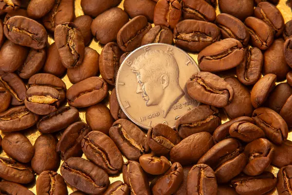 On sentlik parlak altın bir yüzeyi çevreleyen kavrulmuş kahve çekirdekleri yakın plan çekimleri dünyevi tonlarını ve doğal bölünmelerini ön plana çıkarıyor. Yiyecek ve içecek fotoğrafçılığı için ideal..