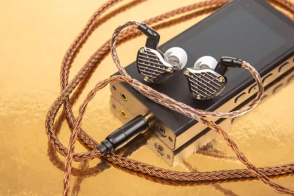 Örgülü kablosu olan bir çift kablo, altın arka planda duran siyah bir ses cihazının üzerinde duruyor. Teknoloji, müzik ve ses teması için mükemmel. Yüksek çözünürlüklü fotoğraf.