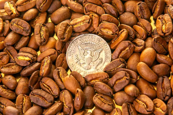 Kavrulmuş kahve çekirdekleri ve altın yansıtıcı arka planda bir ölçek için Amerikan parasıyla zengin kahverengi renkleri ve dokuları sergileniyor. Kahve ve boyut karşılaştırması için mükemmel..