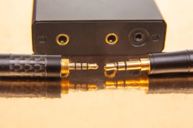 Yansıtıcı altın arka planda iki altın kaplama 3.5 mm ses kaydı, ses bağlantısını ve teknik detayları vurguluyor. Müzik ve teknoloji fotoğrafçılığı için uygun..
