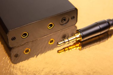 Pırıl pırıl altın bir yüzeyde 3.5 mm 'lik ses bağlantılarının detaylı görüntüsü, teknoloji, müzik ve ses aksesuarları için harika.