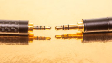 Yansıtıcı altın arka planda iki altın kaplama 3.5 mm ses kaydı, ses bağlantısını ve teknik detayları vurguluyor. Müzik ve teknoloji fotoğrafçılığı için uygun..