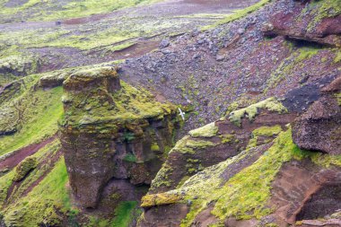 Canlı yeşil yosun örtüleri İzlanda 'nın engebeli uçurumları adanın eşsiz jeolojik özelliklerini gözler önüne seriyor. Arazilerin çarpıcı kontrastı bu uzak manzaranın güzelliğini vurgular..