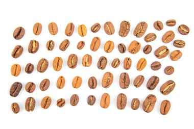 Farklı kahve çekirdekleri farklı renkleri ve varyasyonlarını vurgulamak için düzenli sırada dizilir. Bu ekran, dünyanın dört bir yanında yetişen kahve çeşitliliğini gösteriyor..