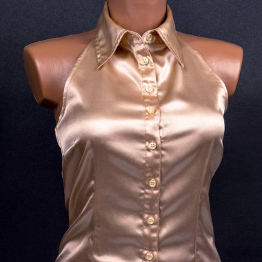 Altın rengi bluzla şık bir saten bluz düğme önü tasarımı ve yakalı bir boyun, pürüzsüz bir mankenin üzerindeki elbisenin zarafetini siyah bir arkaplana karşı arttırır..